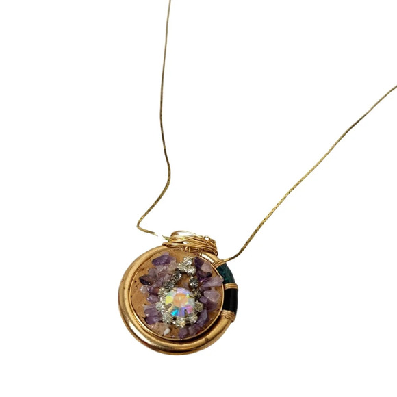 14K Gold Plated Aurora borealis Cork Amethyst Chips Snake Chain Necklace - Picture 1 of 12